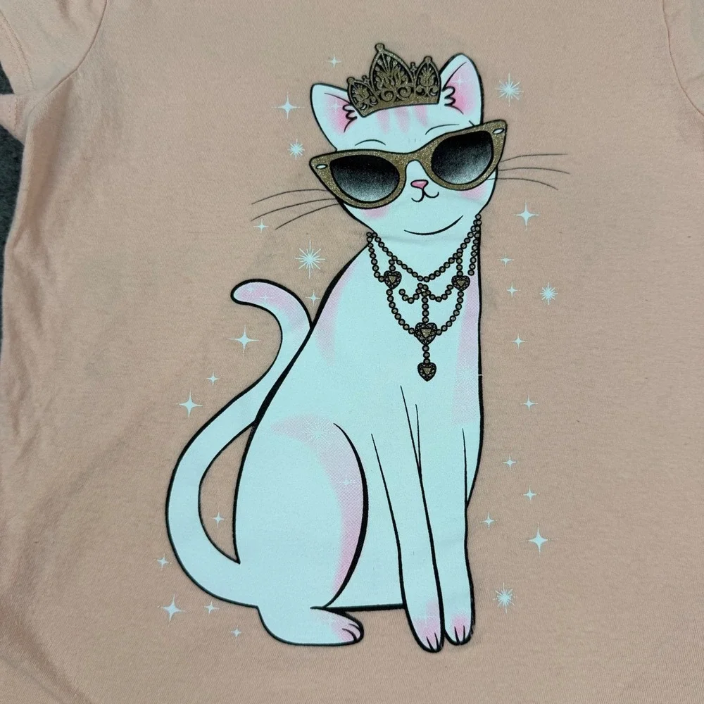 The Children's Place Graphic Tee Kids Size 7/8 Peach Cat Tiara Sunglasses Cotton